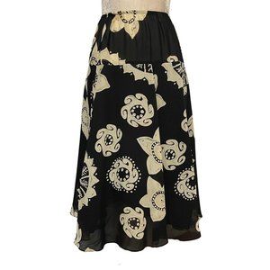 Vintage Womens  MIDI Skirt Size 10 Black Tan Cream Large Floral  Flowing Flared